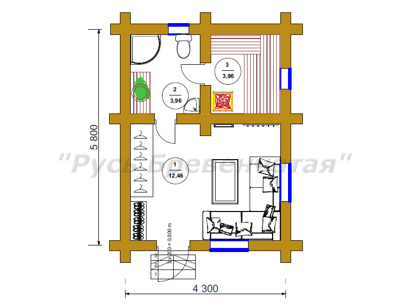 План расположения мебели и комнат в рубленой бане из бревна