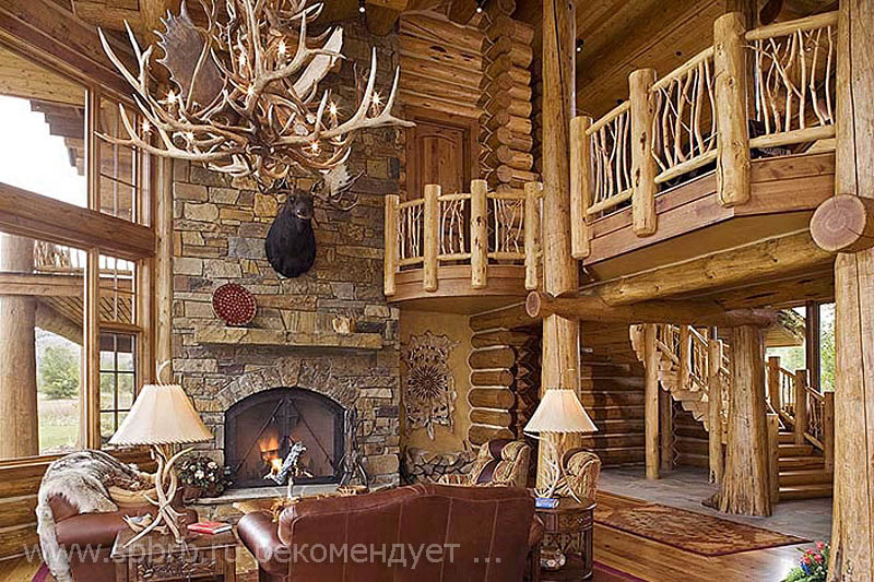 Оформление деревянной гостиной в охотничьем стиле