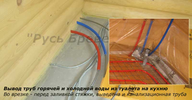 Вывод труб водоснабжения и канализации на кухне, она смежна с санузлом первого этажа.