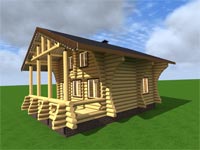 Проект бани совмещенной с деревянным домом с двумя спальнями и террасой