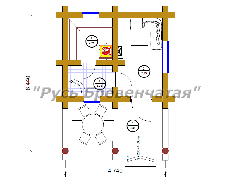 План расположения комнат в компактной бане из сруба