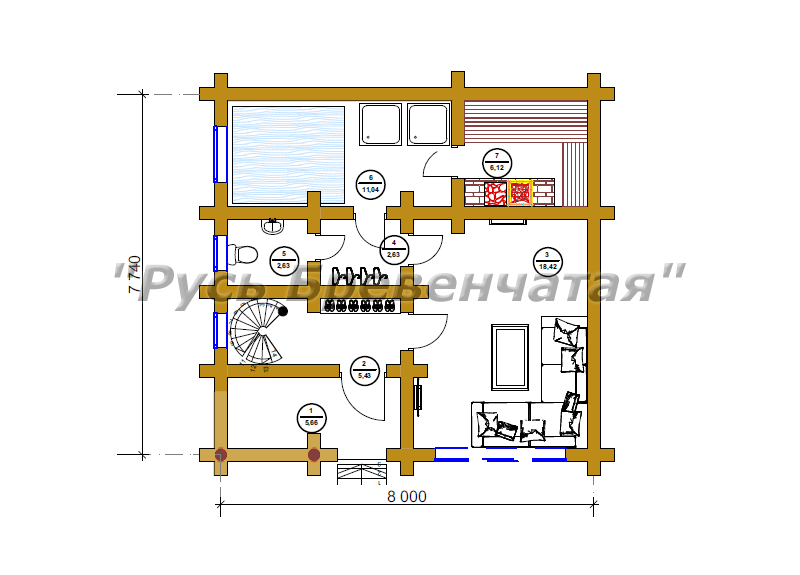 План первого этажа гостевого деревянного дома с расстановкой мебели