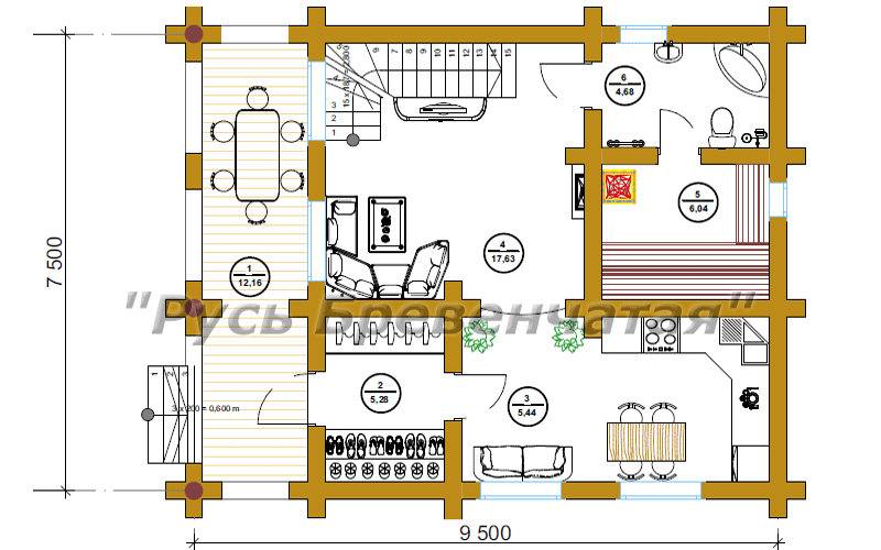 Планировка первого этажа бревенчатого дома с расстановкой мебели