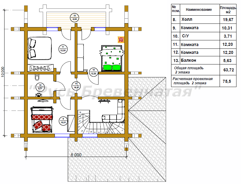 План 2 этажа рубленого дома из бревна обработанного рубанком.