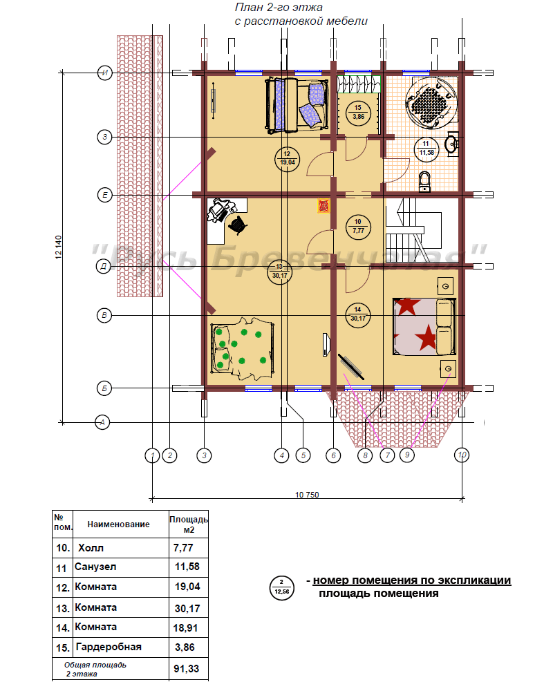 Рубленный деревянный дом, план второго этажа