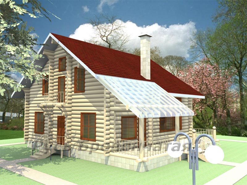 Проект загородного рубленого дома из оцилиндрованного бревна с мансардой 13 на 13 м с перголой над террасой 