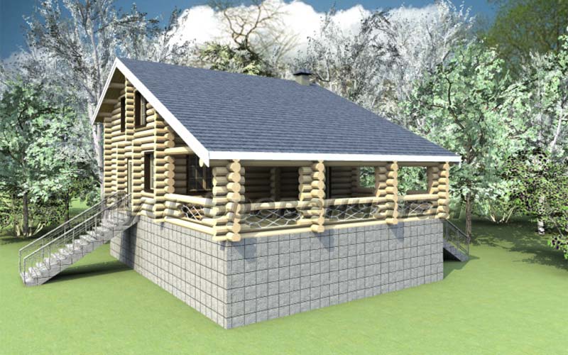 Двухэтажный деревянный дом из бревна с большой террасой