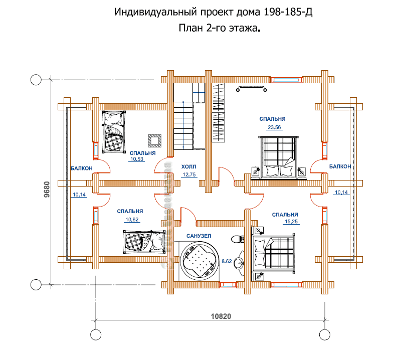 План 2 этажа из проекта деревянного загородного дома из круглого бревна