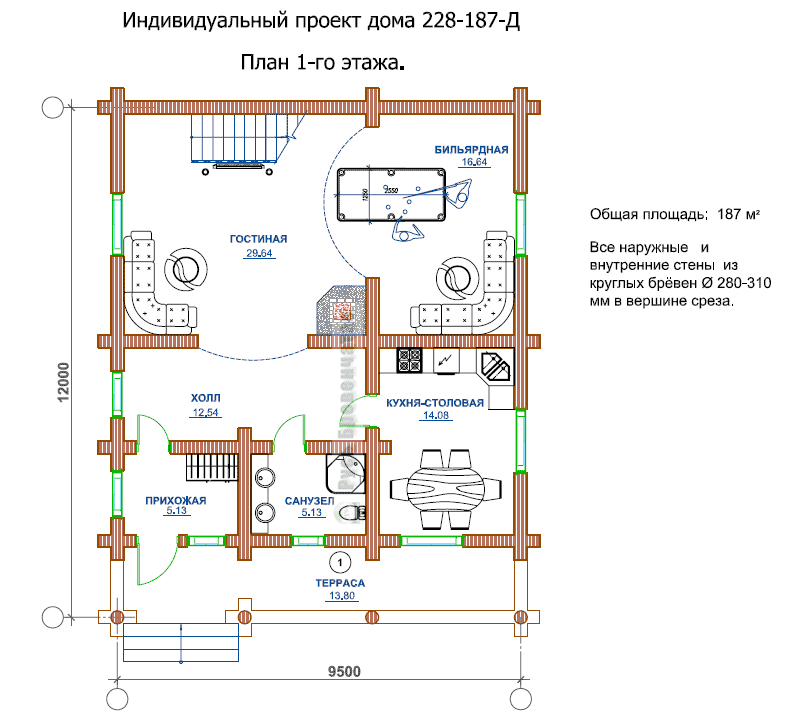 Планировка первого этажа рубленого дома с бильярдной комнатой на первом этаже