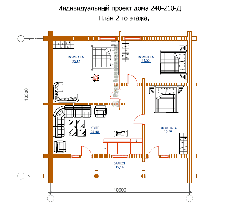 Дом бревно под ключ 11х13, план второго этажа