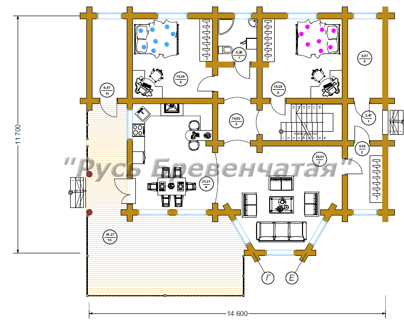 План первого этажа в деревянном доме с расстановкой мебели
