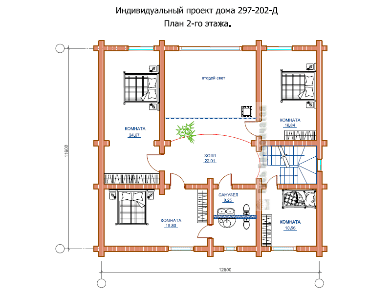 План второго этажа рубленого дома на склоне