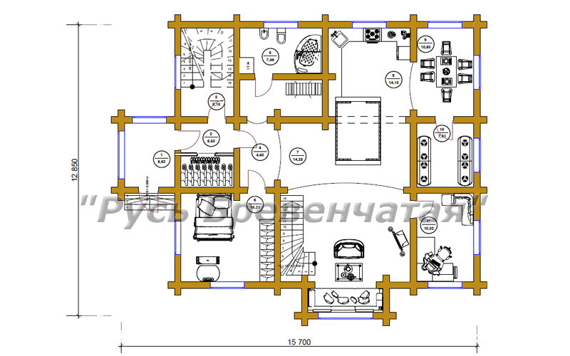 План первого этажа рубленного дома со сложной крышей