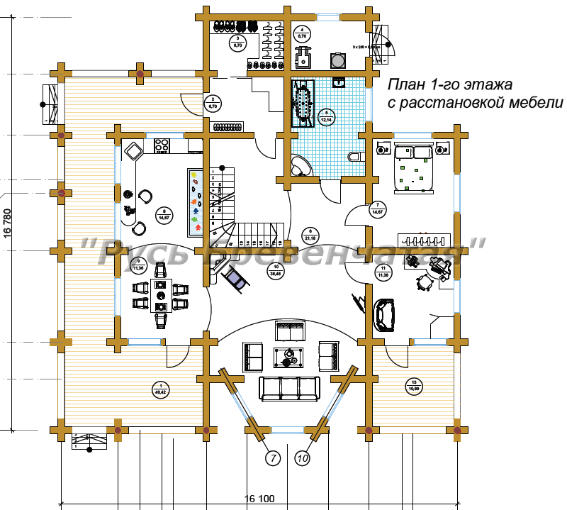 План первого этажа большого рубленого деревянного дома с расстановкой мебели