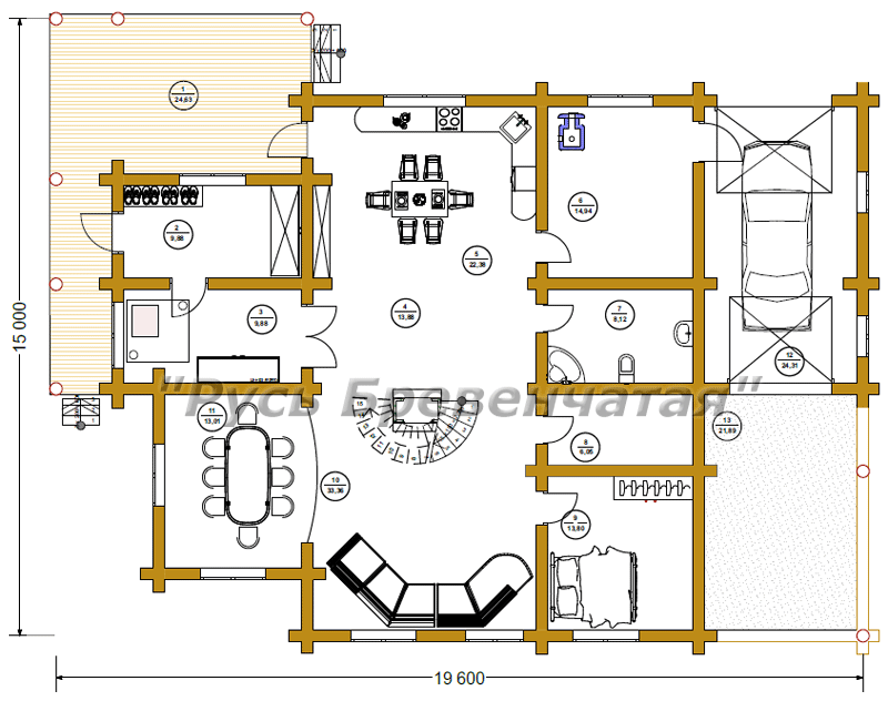 План первого этажа в деревянном доме из бревна